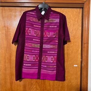 Mens Button Down Shirt Large Aztec Short Sleeve Purple Plum Gold accent